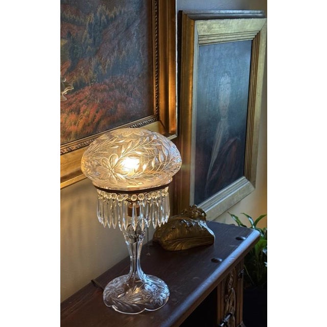 Antique Wheel Cut Crystal Mushroom Shade Table Lamp W Lustres 19", Art Deco 1930 For Sale - Image 4 of 8