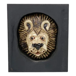 Vintage Boho Pottery Figural Lion Sculpture Wall Hanging Plaque