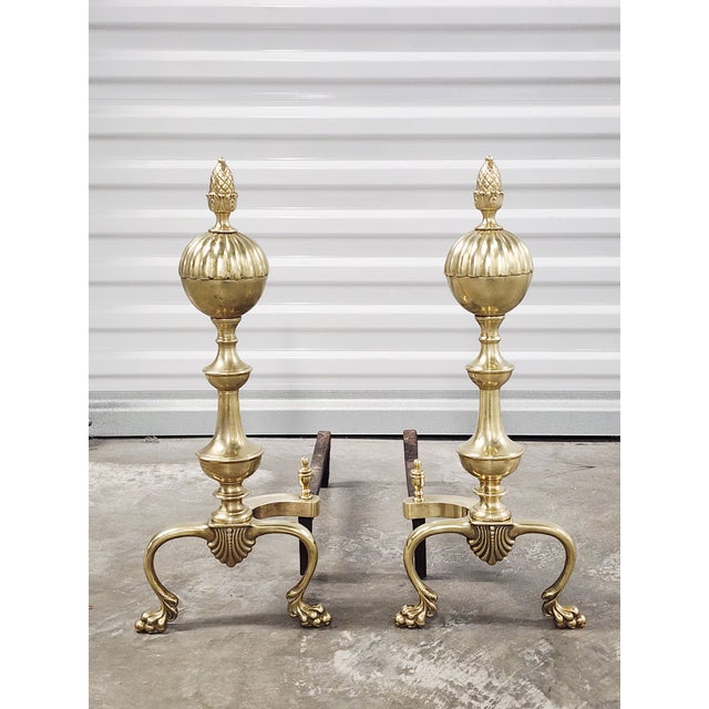 Very attractive pair of English Regency style 19th century brass andirons. Finely detailed with acorn finials, acanthus...