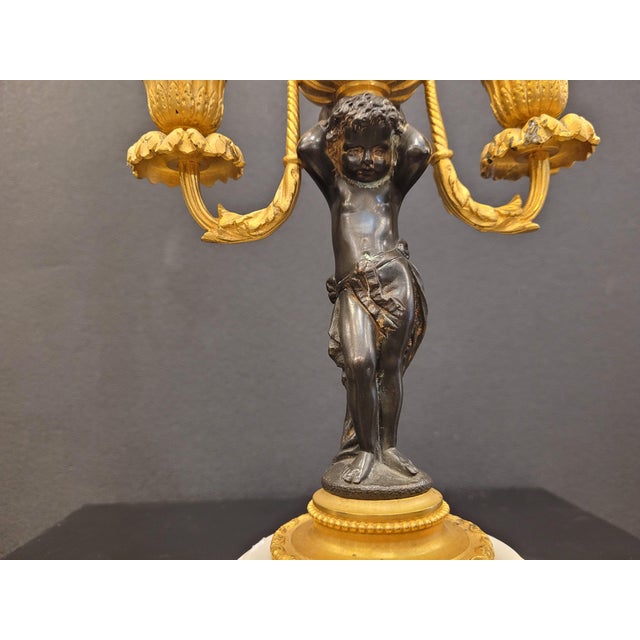 19th Century Putti Candlesticks in Bronze, Ormolu and Marble, France, 1890s, Set of 2 For Sale - Image 11 of 17