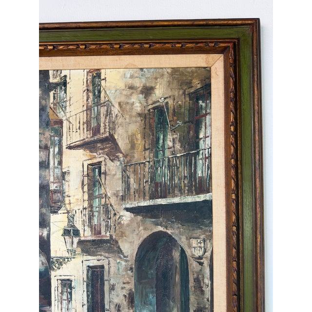 Wood Vintage Rustic European Street Scene Oil Painting on Canvas – Framed For Sale - Image 7 of 13