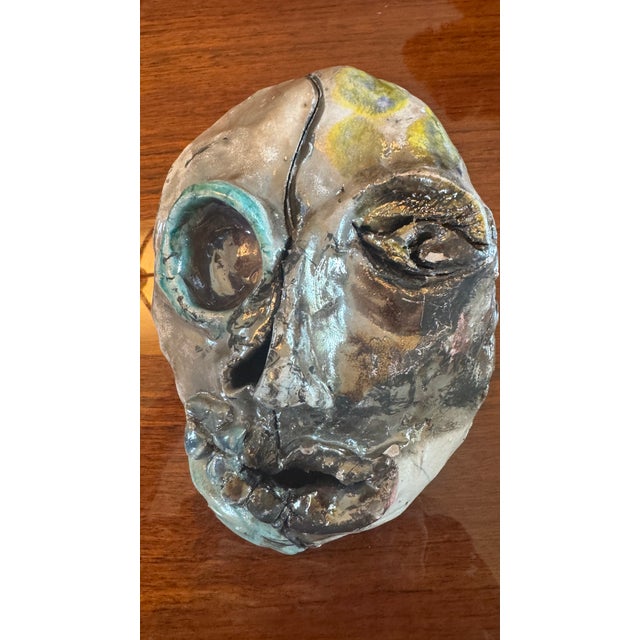 Clay Mask, Handmade Halloween Folk Art Sculpture, Scary Pottery Face Mask c1970 Fluorescent Gray, Turquoise hues. One of a...