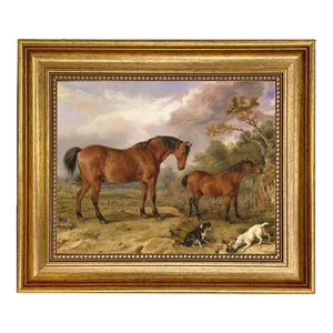 "Two Horses with Dogs and Rabbit" Contemporary Reproduction Print on Canvas, Framed 11-1/2" X 13-1/2".