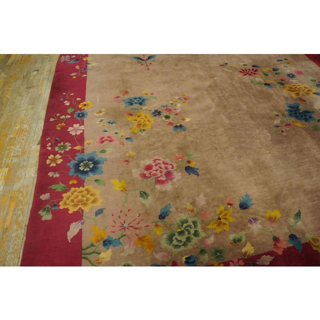 1920s 1920s Tan Ecru Floral Antique Chinese Art Deco Rug 8'8' 'X 11'6'' Knotted Wool Carpet For Sale - Image 5 of 9