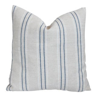 Nautical Farmhouse Blue & White Woven Striped Linen Feather/Down Pillow 20” Square For Sale