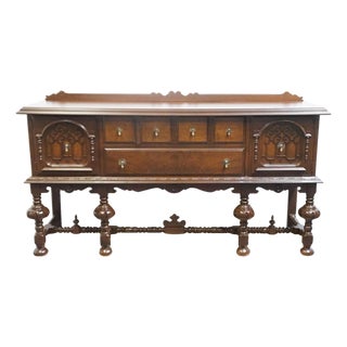 Abernathy Furniture Solid Walnut Gothic Jacobean / English Tudor 71" Sideboard Buffet For Sale