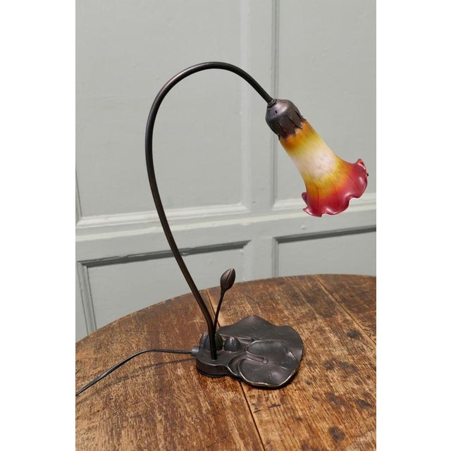Glass French Bronze Lilly Pad Table Lamp with Glass Shade, 1960 For Sale - Image 7 of 8