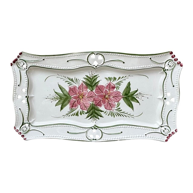 Vintage Majolica Poinsettia Serving Tray / Platter From Portugal For Sale