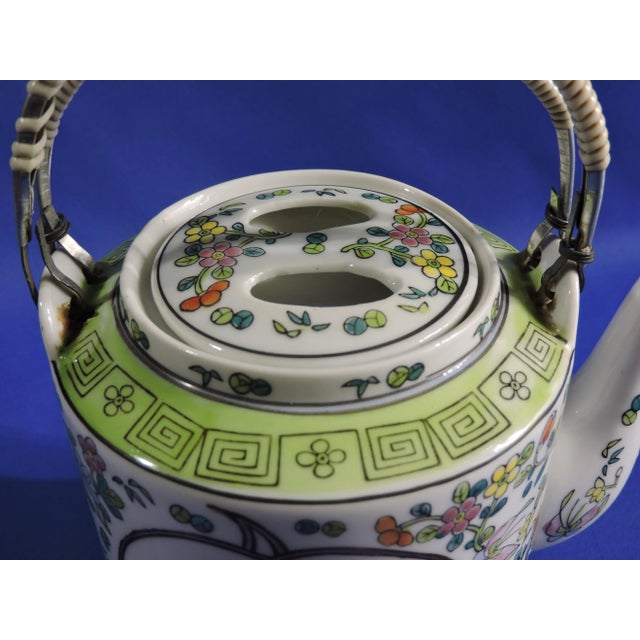 White Mid 20th Century Chinese Famille Rose Hand Painted Lotus Leaf Cartouche Design Porcelain Tea Pot For Sale - Image 8 of 11