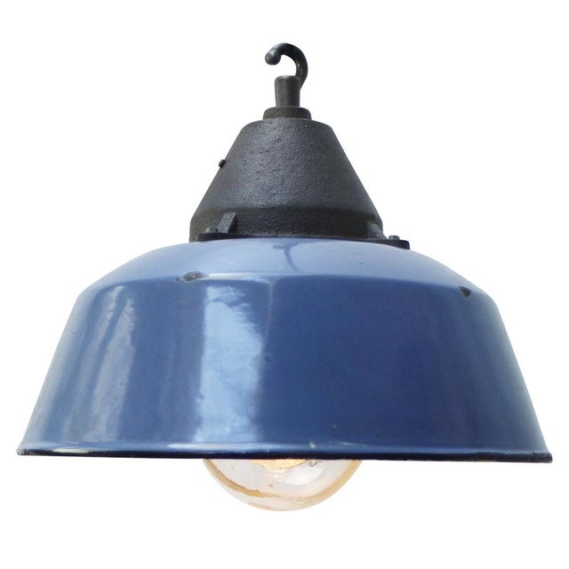 1950s Vintage Industrial Blue Enamel and Cast Iron Pendant Lamp For Sale - Image 5 of 5