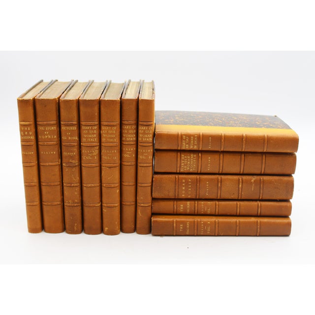 Set of 12 Frances Elliot novels published in Leipzig from 1872 to 1896. Quarter bound leather & faux tortoise hard board...