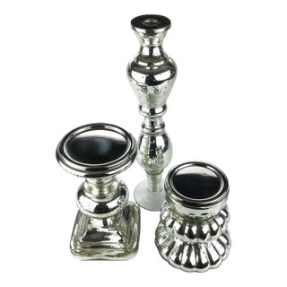 Large 3 Piece Set of Mercury Glass Candle Stick Holders For Sale