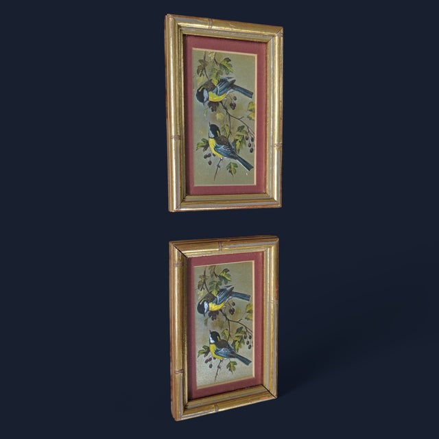 Vintage Bird and Botanical Art in Giltwood Faux Bamboo Frames- A Pair For Sale In Charlotte - Image 6 of 9