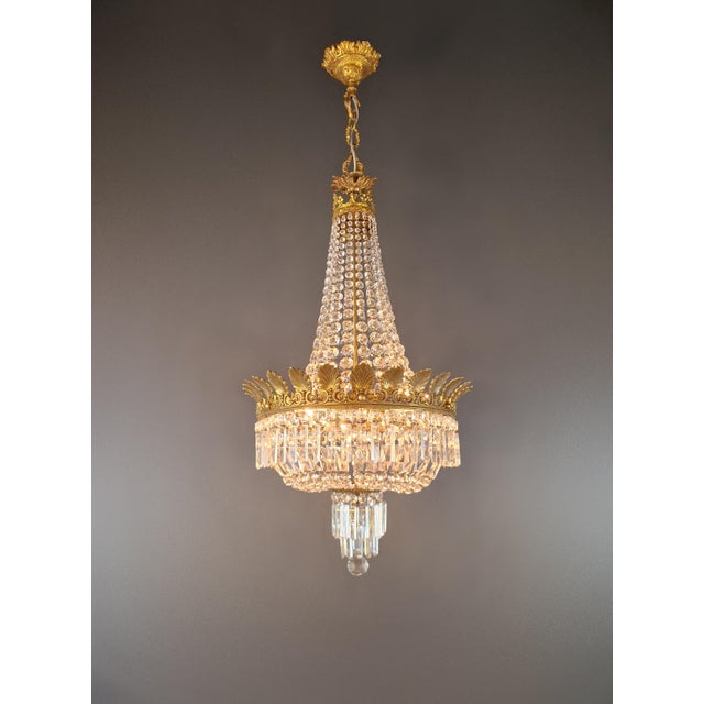 1910s Antique Art Nouveau Low Oval Plafonnier Crystal Chandelier Brass For Sale - Image 5 of 15