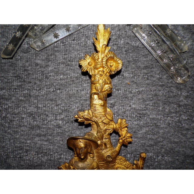 Pair Antique Victorian Girandoles Brass Marble Crystal Candelabra Candle Holders For Sale - Image 12 of 15