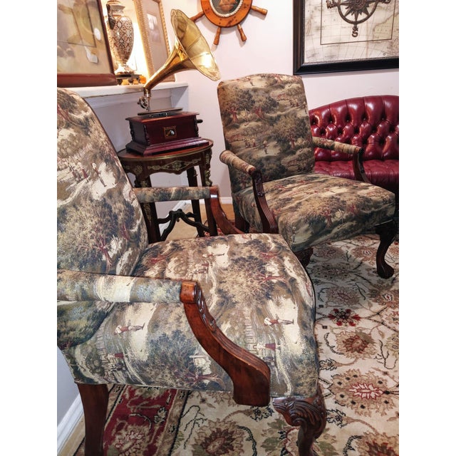 2000 - 2009 Elevate Your Study or Lounge With a Pair of Vintage Needlepoint Georgian Armchair Set. For Sale - Image 5 of 5