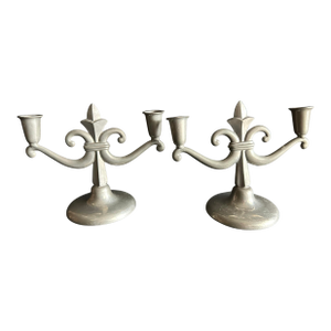 Vintage 1930s Pewter Scandinavian Grace Style Art Deco Candelabra Pair of 2