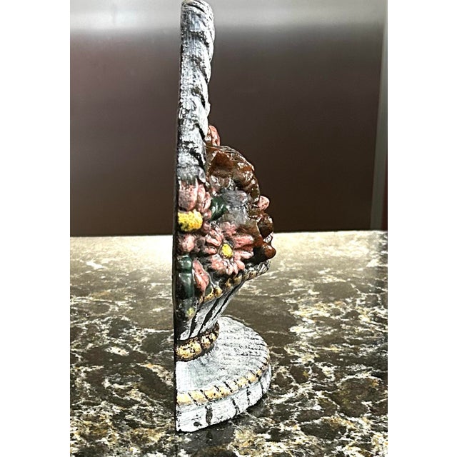 Mid-Century Modern Heavy Cast Iron, Vintage, Woven, Basket-of-Flowers Doorstop, With a Rope Twist Handle, and a Hand-Painted, Polychrome Finish, 1930-1950’s For Sale - Image 3 of 7
