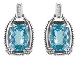 .925 Sterling Silver 14x10MM Cushion Cut Blue Topaz Gemstone and Diamond Accent Dangle Earring