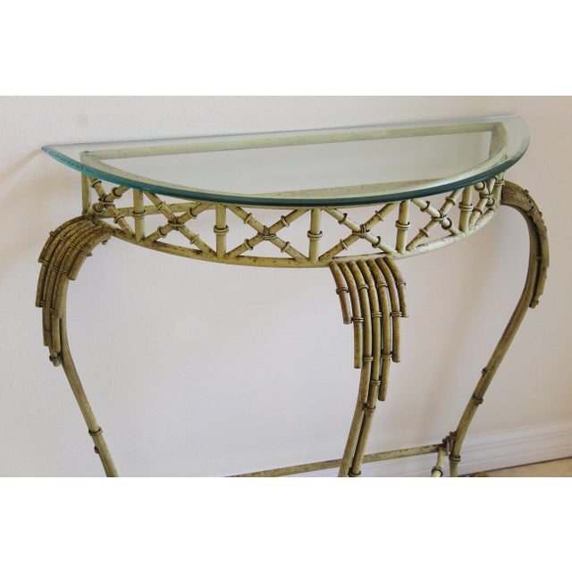 1970s Vintage Hollywood Regency Faux Bamboo Console Table & Mirror Set Demilune Palm Beach Regency 1970s For Sale - Image 5 of 18