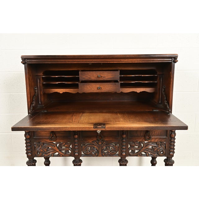 Wood Lifetime Furniture Antique English Jacobean Carved Oak Drop Front Secretary Desk, Circa 1920s For Sale - Image 7 of 16