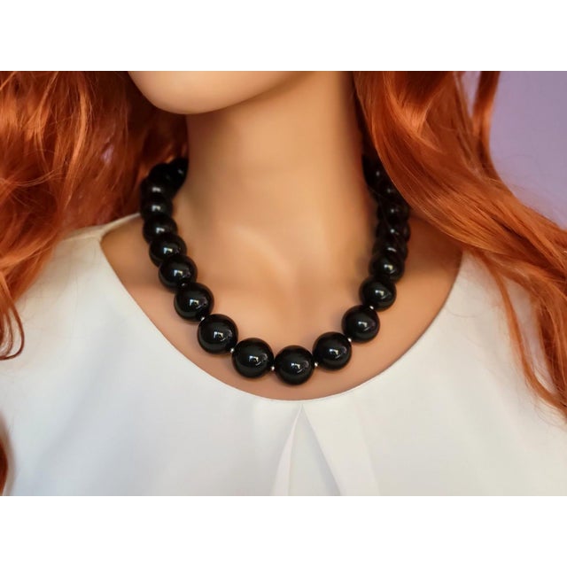 Traditional Vintage 21-Inch Black Obsidian Beaded Necklace With Onyx Cameo Clasp For Sale - Image 3 of 9