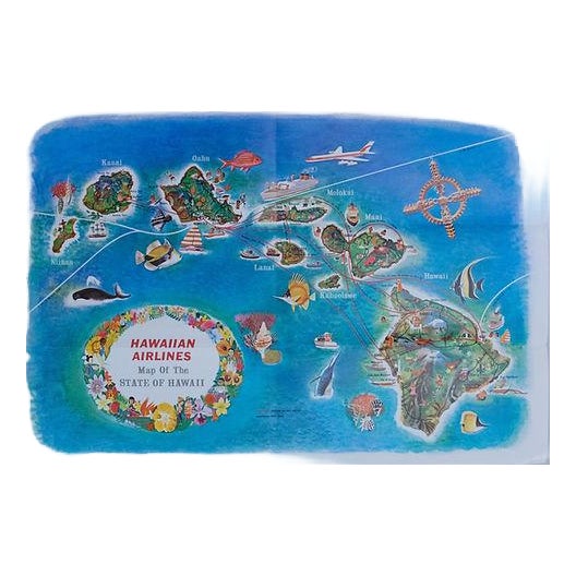 1960 Hawaiian Airline Route Map of Hawaii For Sale