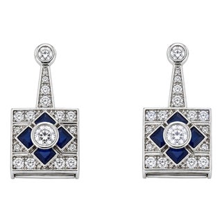 Mid 20th Century Pair of 18k White Gold Diamond Sapphire Earrings For Sale