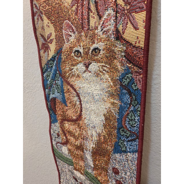 Burgundy Late 20th Century Woven Tapestry Holiday Cats Bell Pull Wall Hanging For Sale - Image 8 of 12