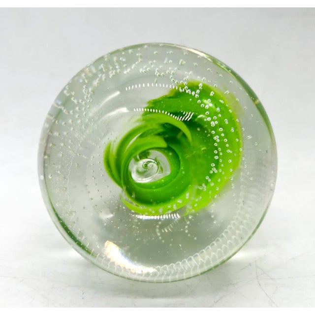 Green Lynn D. Dinning Signed Art Glass Green Swirl and Air Bubble Blown Paperweight For Sale - Image 8 of 12