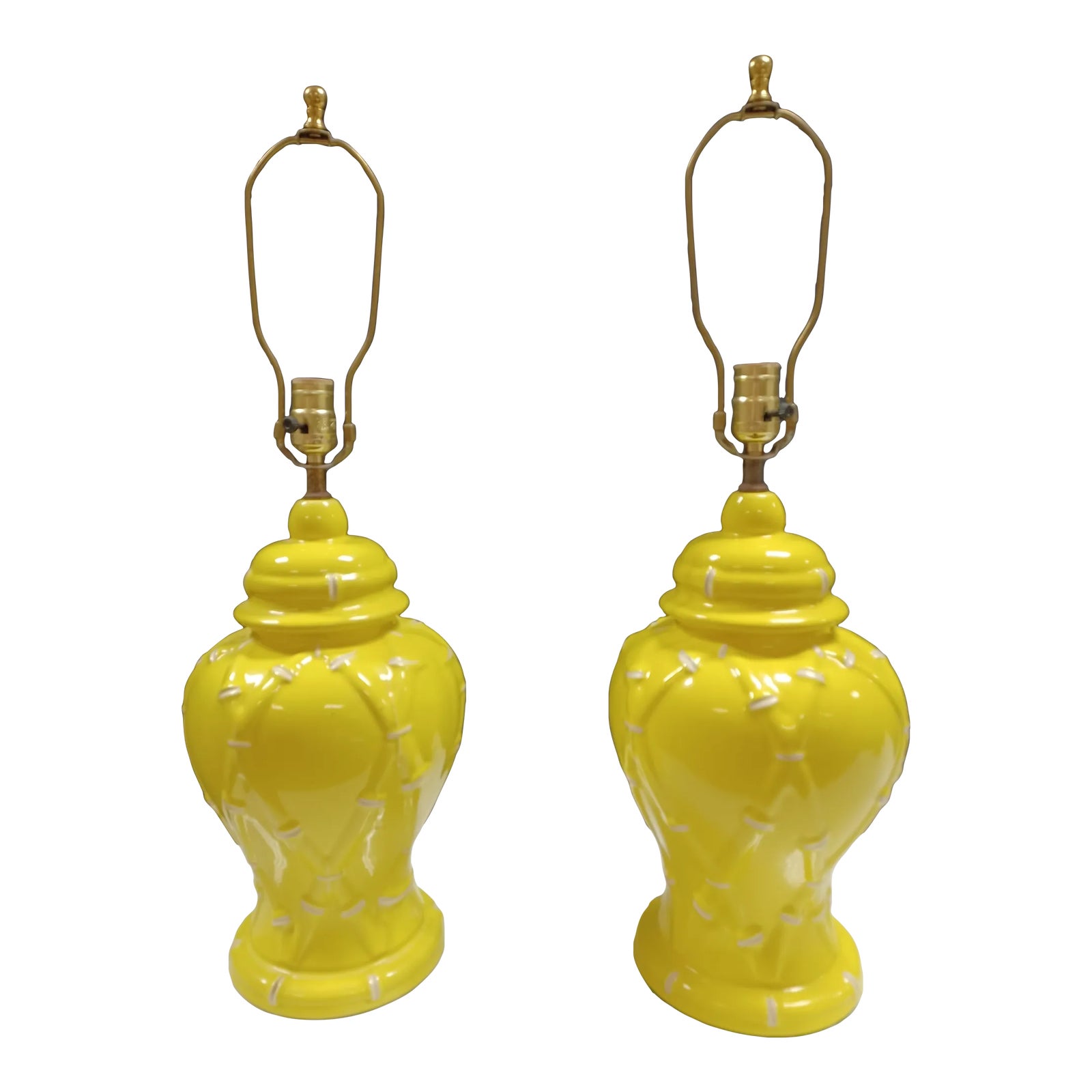 Pair of Vintage Mid 20th Century Yellow Ginger Jar Lamps With Faux