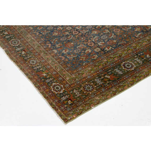 Antique Persian Malyer Floral Wool Rug Handmade in Blue For Sale - Image 9 of 11