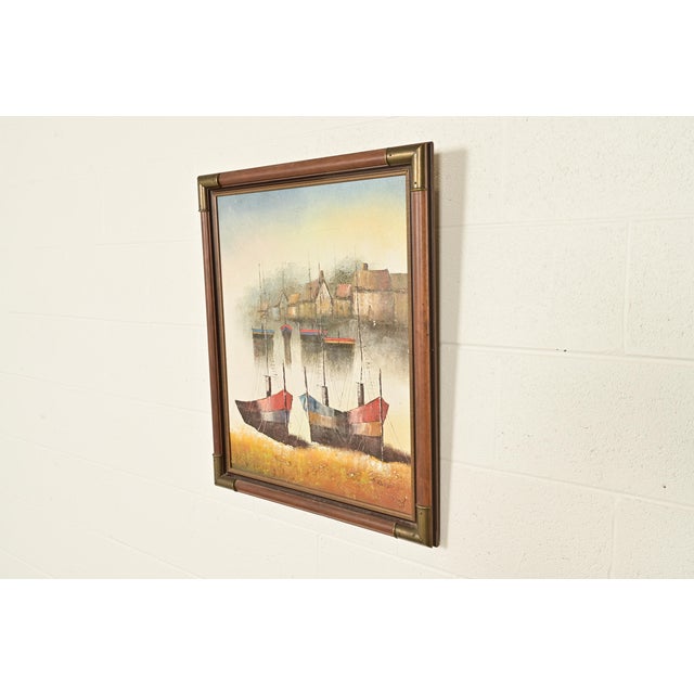 A beautiful original acrylic painting on canvas of a seaside harbor in carved Campaign style walnut and brass frame Signed...