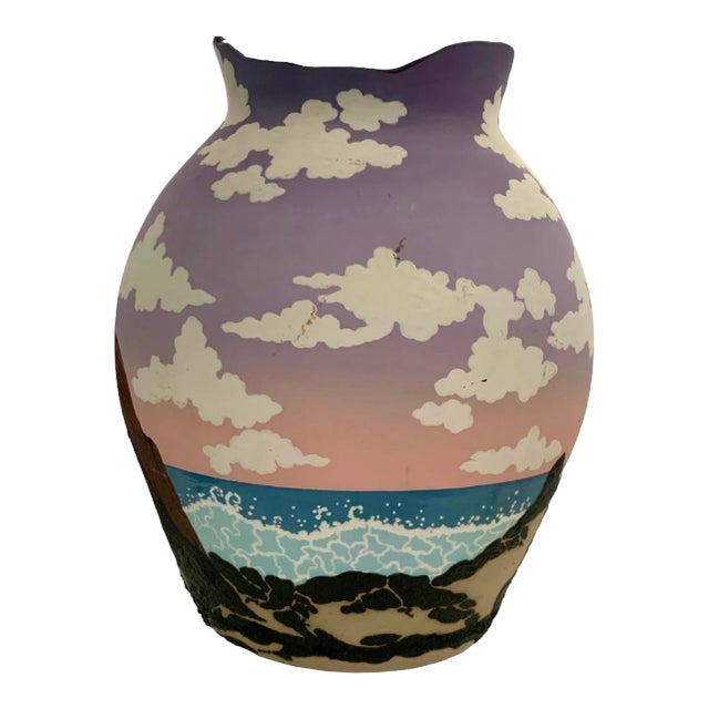 Late 20th Century Native American Hand-Painted Pottery Vase, Dawn Nature Scene, 18.5"h For Sale