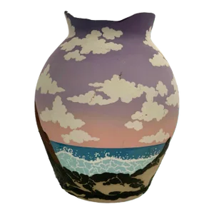 Vintage Large Vase Hand Painted Pottery Dawn Time in Nature Scenery