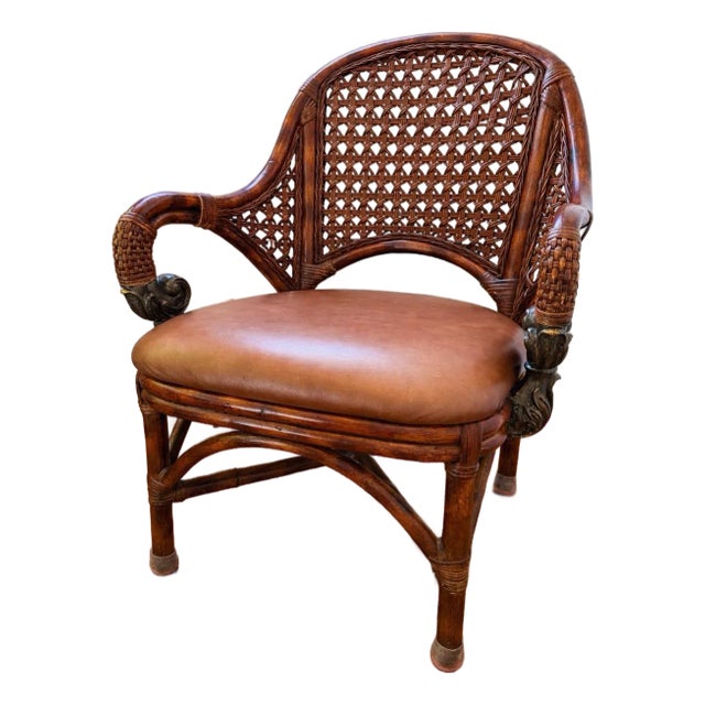 Vintage British Colonial–Style Cane & Rattan Armchair With Leather Seat For Sale
