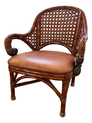 Vintage British Colonial–Style Cane & Rattan Armchair With Leather Seat