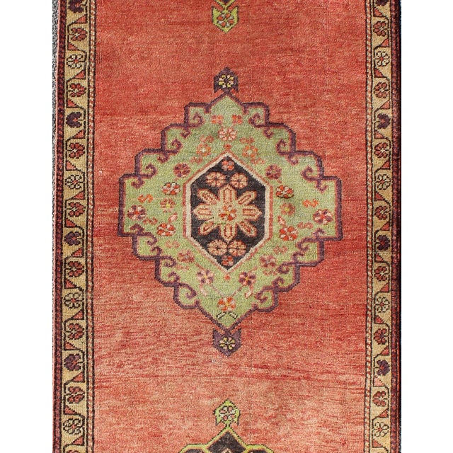 Tribal Orange Multi-Medallion Vintage Turkish Oushak Runner With Sub-Geometric Florals 3'0'' X 9'10' For Sale - Image 3 of 7