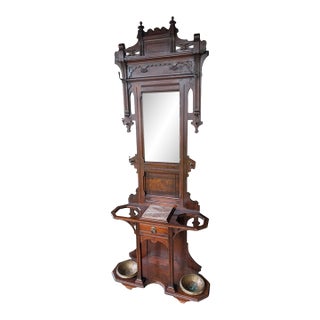 Late 19th-Century Victorian Eastlake Carved Walnut & Marble Hall Tree For Sale