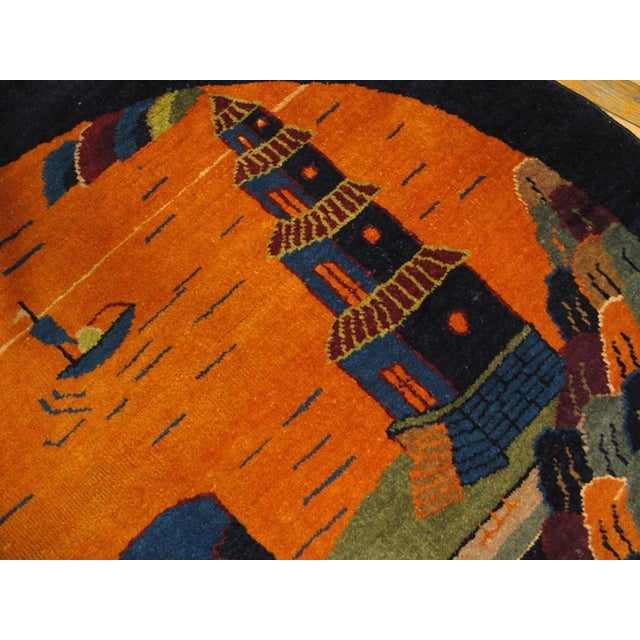 Early 20th Century 1920s Orange Scene Pictorial Antique Oval Chinese Art Deco Rug 4.06 X 4.1 Handknotted Wool Carpet For Sale - Image 5 of 6