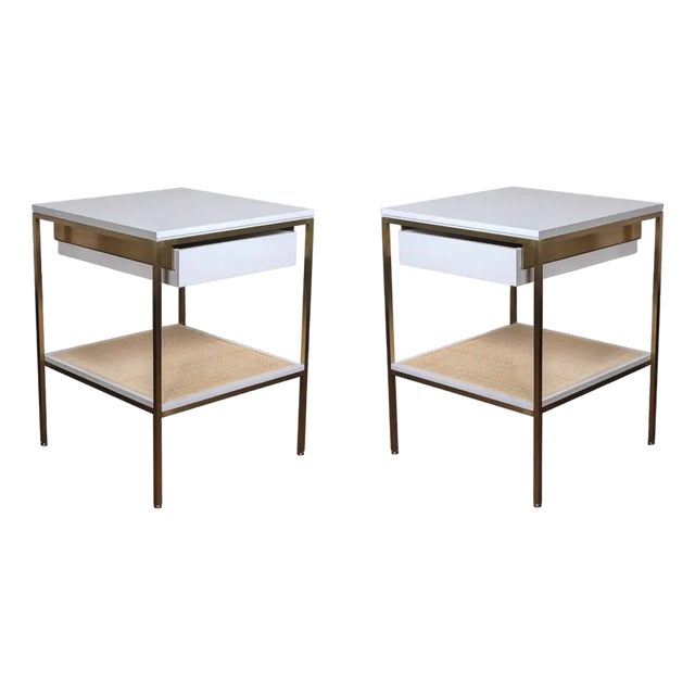 Pair of reGeneration 392 Bedside Tables With Gloss Lacquer and Brass For Sale