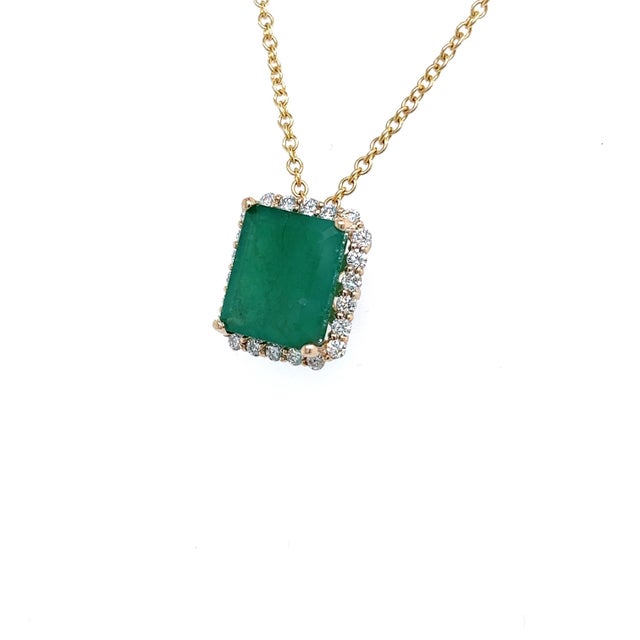 Natural Emerald Diamond Pendant Necklace 14k Yellow Gold 5.05 TCW Certified For Sale - Image 4 of 8