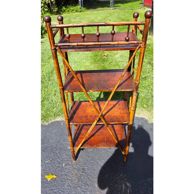 Asian Antique Victorian Aesthetic Movement Burnt Bamboo Four-Tier Shelf Etagere For Sale - Image 3 of 4