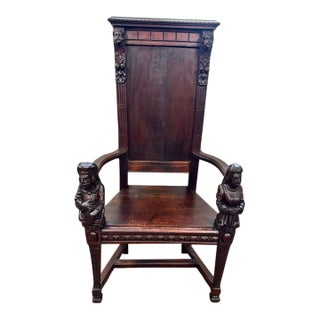 Late 19th Century Figural Carved Jacobean Style Throne Armchair With King and Queen For Sale