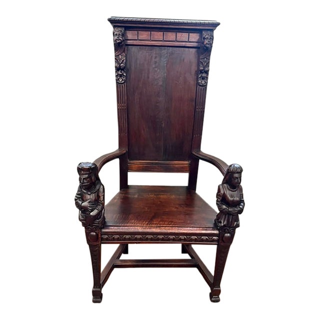 Late 19th Century Figural Carved Jacobean Style Throne Armchair With King and Queen For Sale