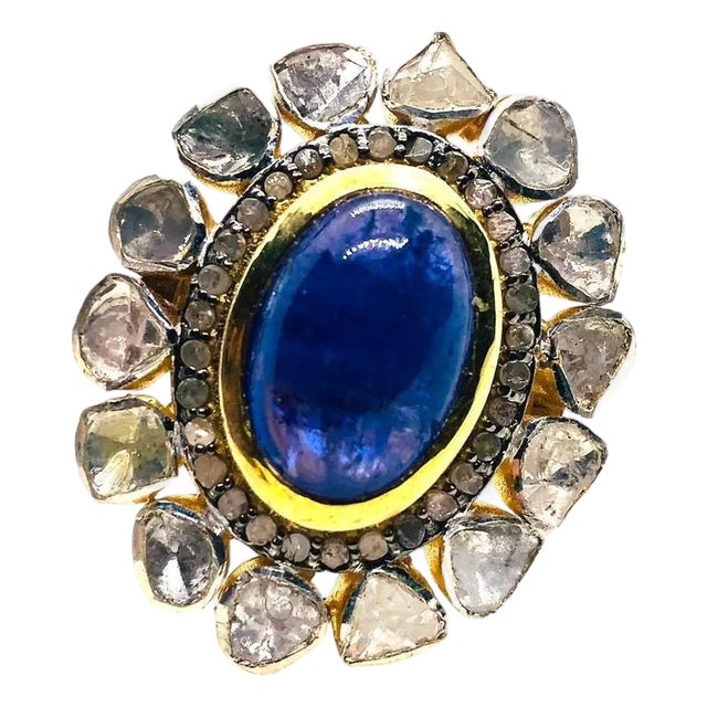 Bochic “Orient” Vintage Rose Cut Diamond & Tanzanite Ring Set 18K Gold & Silver For Sale