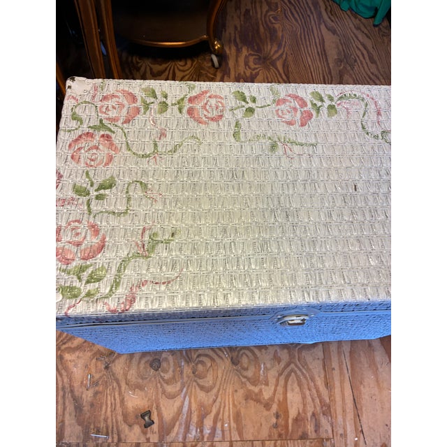 Mid 20th Century Vintage Blue Painted Wicker Storage Trunk With Pink Roses For Sale - Image 5 of 6