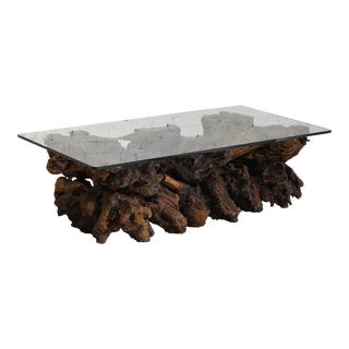 Mid 20th Century Free Form Live Edge Burl Coffee Table With Glass Top For Sale