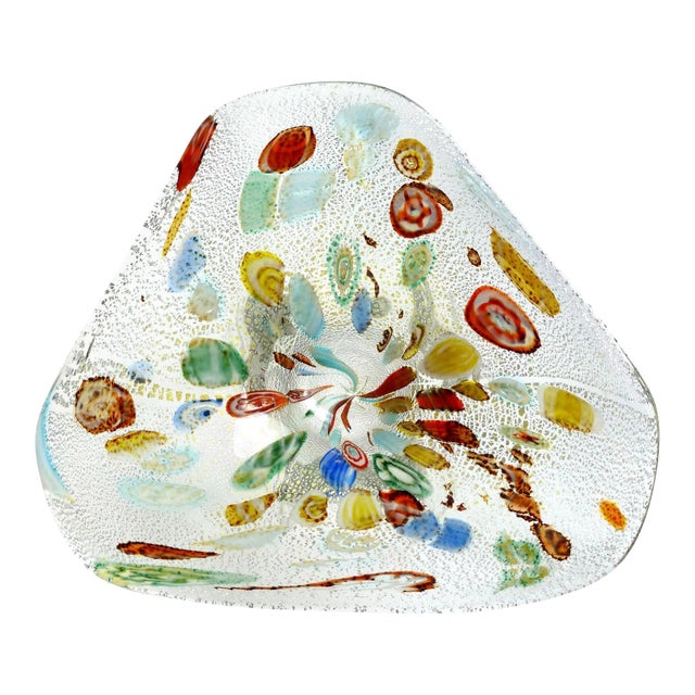 Murano Vintage Multi Color Silver Flecks Millefiori Cut Canes Italian Art Glass Mid Century Flared Bowl For Sale