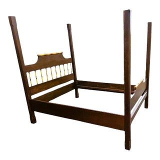 Teak and Faux Bamboo Queen Size Bedframe - Circa 1940 For Sale